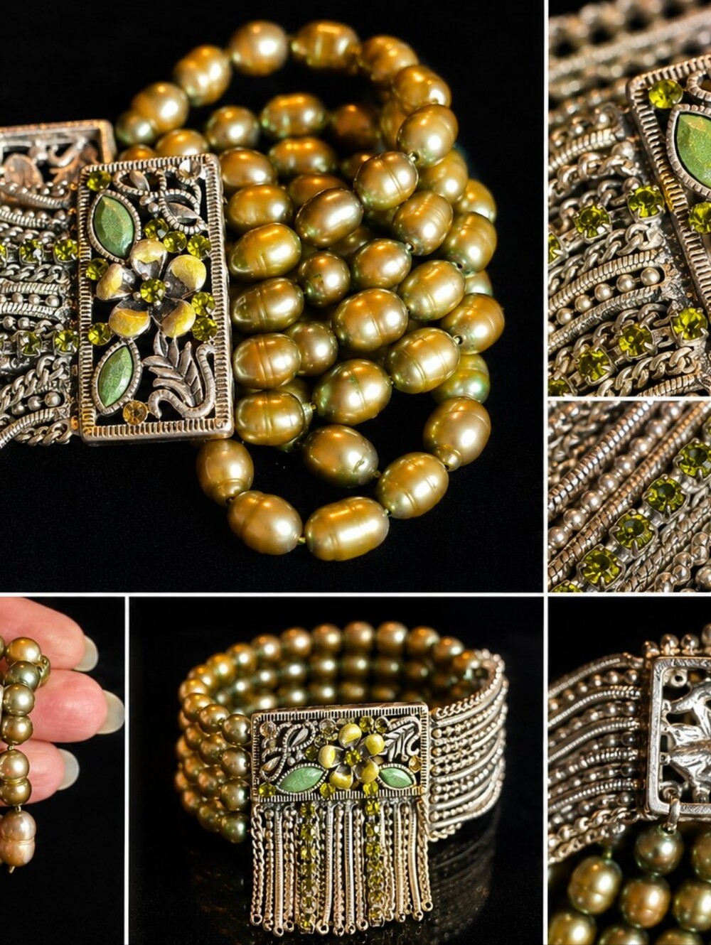 Vintage Czech Style Olive Green Rhinestone Fringe Stretch Bracelet Boho Art Deco